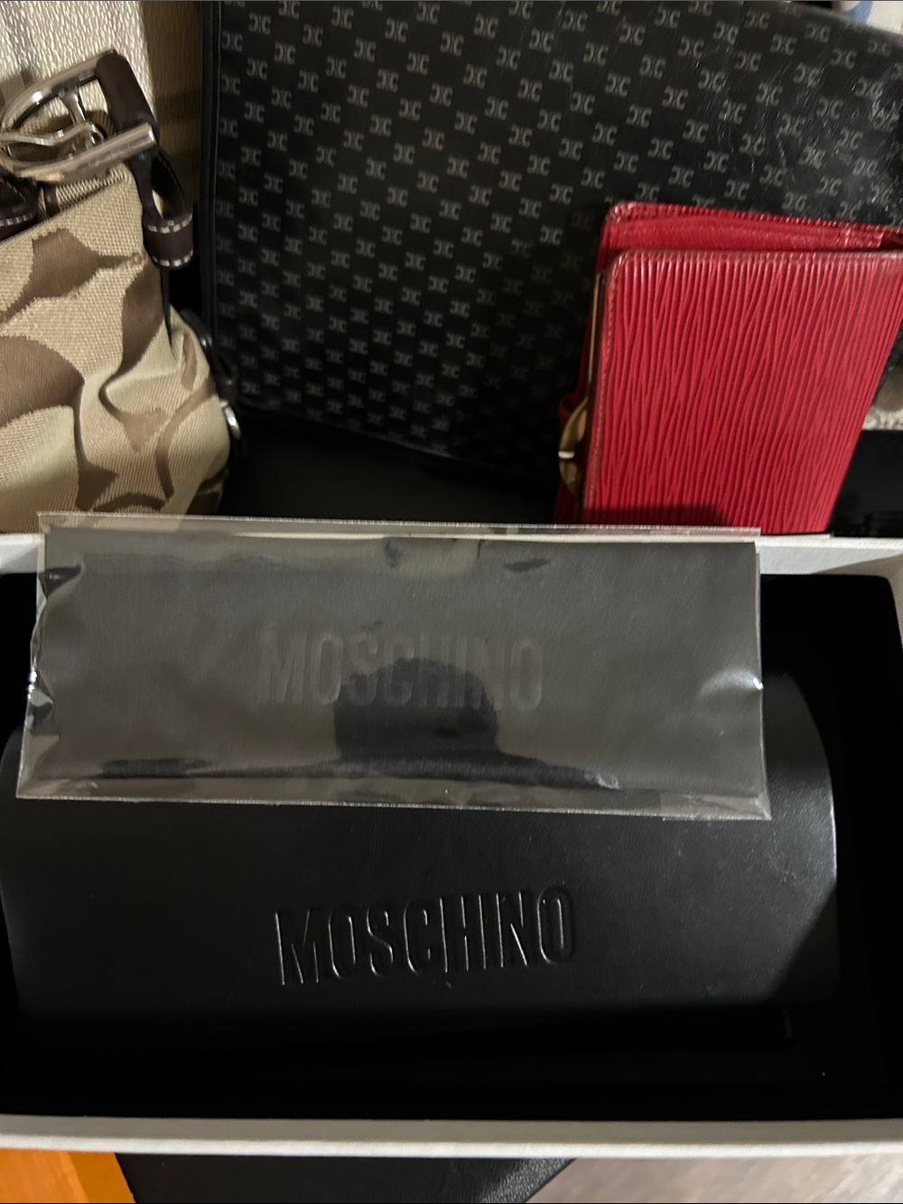 Moschino Black Sunglasses Case with Embossed Logo with cleaning cloth